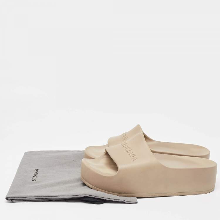 Pre Owned Balenciaga Beige Rubber Logo Chunky Slides Size 36