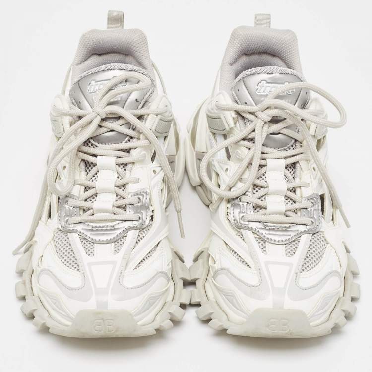 Pre Owned Balenciaga White/Grey Faux Leather and Mesh Track 2 Sneakers Size 39