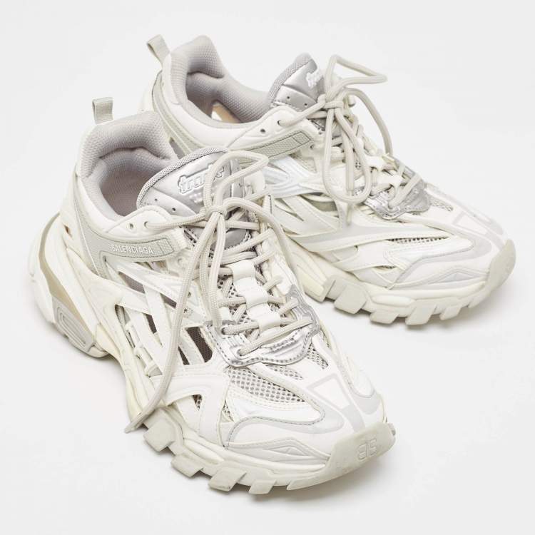 Pre Owned Balenciaga White/Grey Faux Leather and Mesh Track 2 Sneakers Size 39