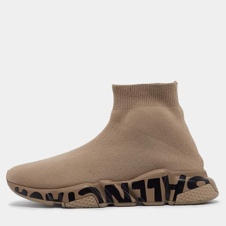 Pre Owned Balenciaga Beige Knit Fabric Logo Speed Trainer Sneakers Size 38