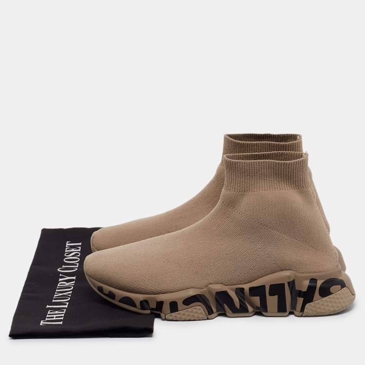 Pre Owned Balenciaga Beige Knit Fabric Logo Speed Trainer Sneakers Size 38