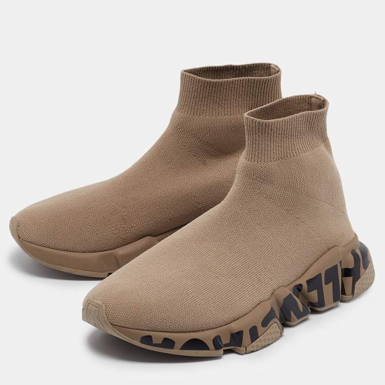 Pre Owned Balenciaga Beige Knit Fabric Logo Speed Trainer Sneakers Size 38