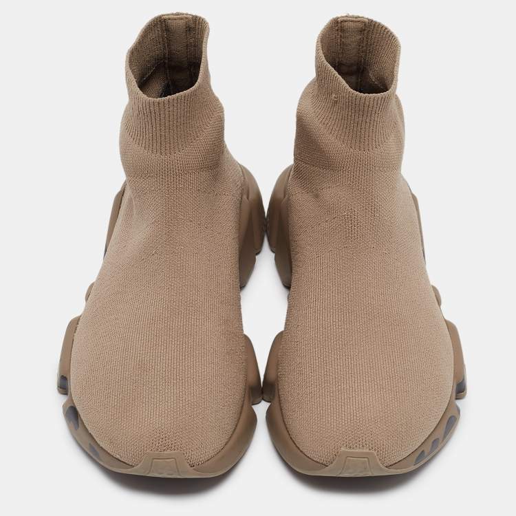 Pre Owned Balenciaga Beige Knit Fabric Logo Speed Trainer Sneakers Size 38