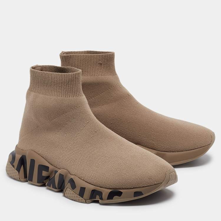 Pre Owned Balenciaga Beige Knit Fabric Logo Speed Trainer Sneakers Size 38