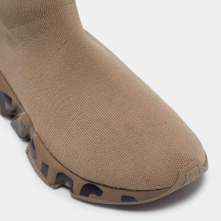 Pre Owned Balenciaga Beige Knit Fabric Logo Speed Trainer Sneakers Size 38