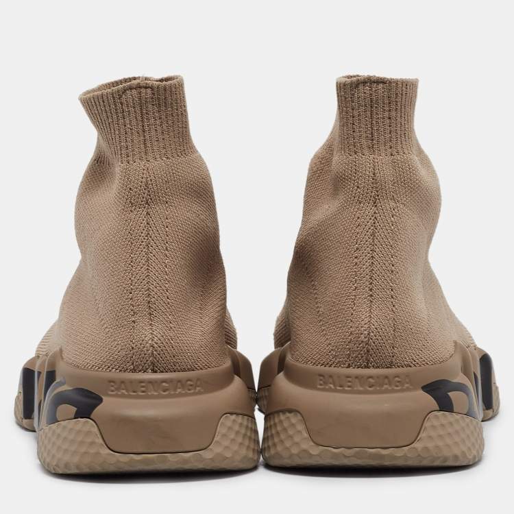 Pre Owned Balenciaga Beige Knit Fabric Logo Speed Trainer Sneakers Size 38