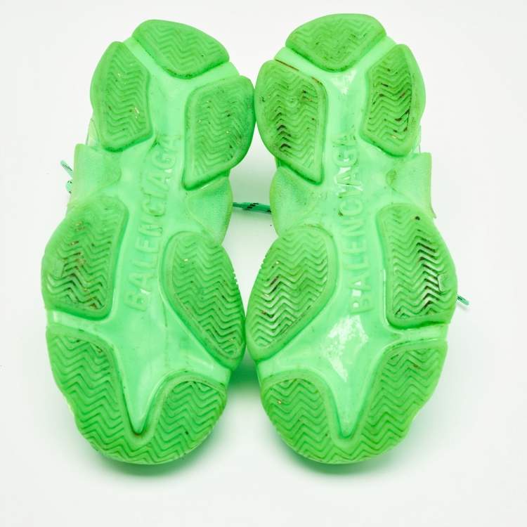 Pre Owned Balenciaga Green Mesh and Faux Leather Triple S Sneakers Size 37