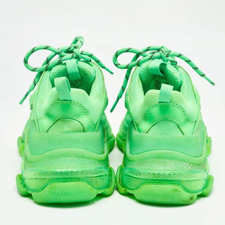 Pre Owned Balenciaga Green Mesh and Faux Leather Triple S Sneakers Size 37