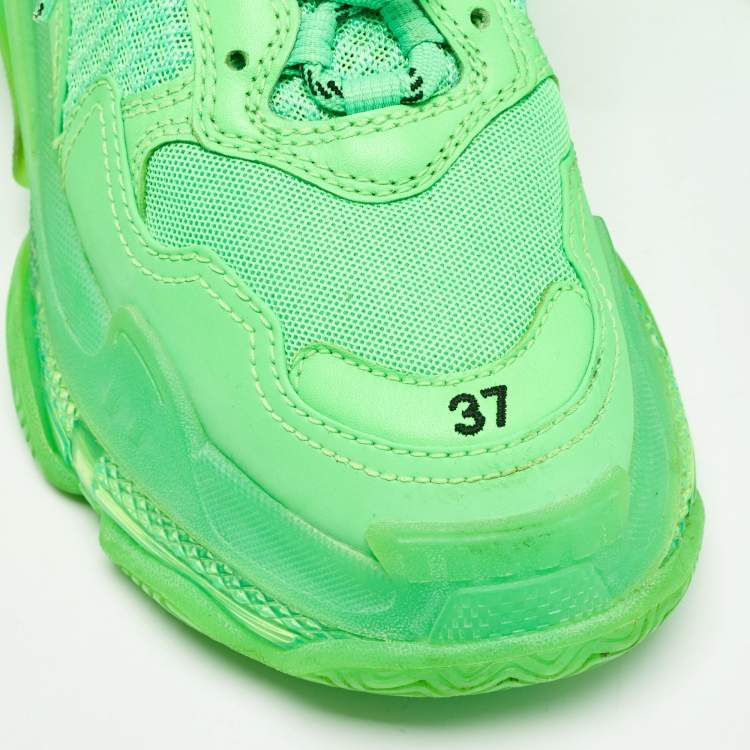 Pre Owned Balenciaga Green Mesh and Faux Leather Triple S Sneakers Size 37