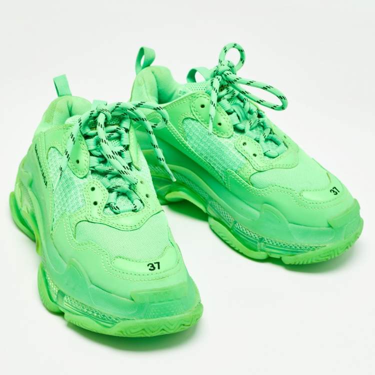 Pre Owned Balenciaga Green Mesh and Faux Leather Triple S Sneakers Size 37