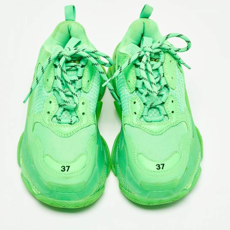 Pre Owned Balenciaga Green Mesh and Faux Leather Triple S Sneakers Size 37