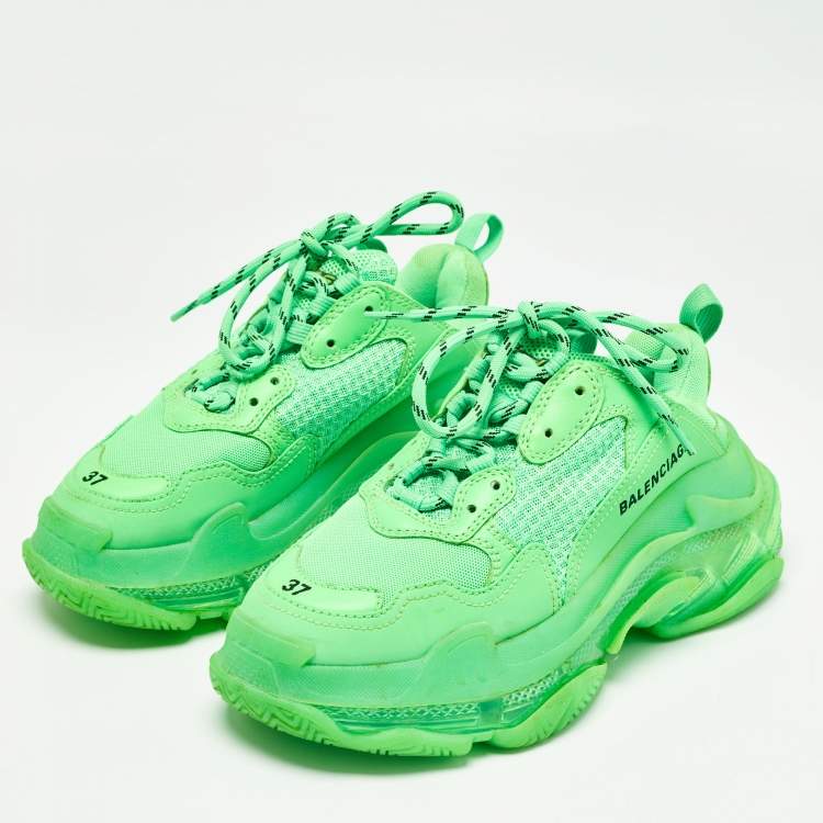 Pre Owned Balenciaga Green Mesh and Faux Leather Triple S Sneakers Size 37