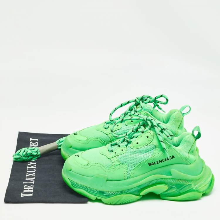 Pre Owned Balenciaga Green Mesh and Faux Leather Triple S Sneakers Size 37