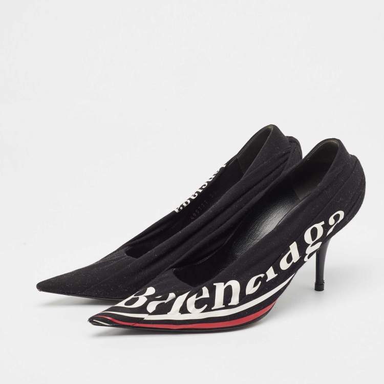 Pre Owned Balenciaga Black Logo Print Fabric Knife Pumps Size 38