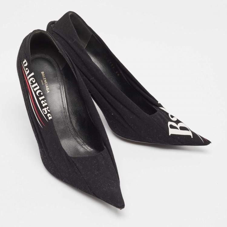 Pre Owned Balenciaga Black Logo Print Fabric Knife Pumps Size 38