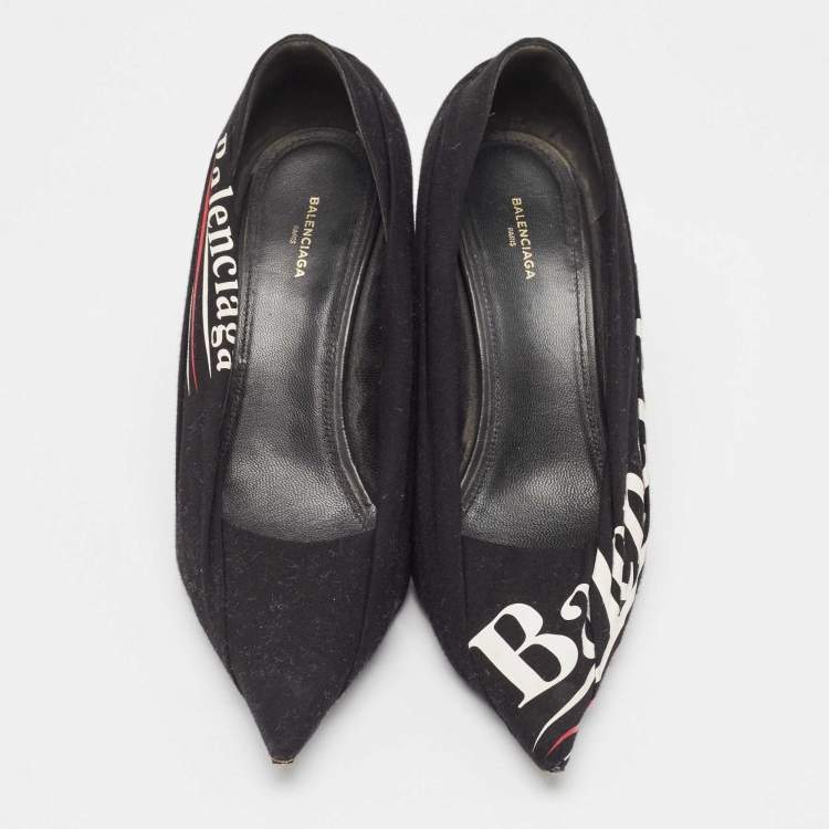 Pre Owned Balenciaga Black Logo Print Fabric Knife Pumps Size 38
