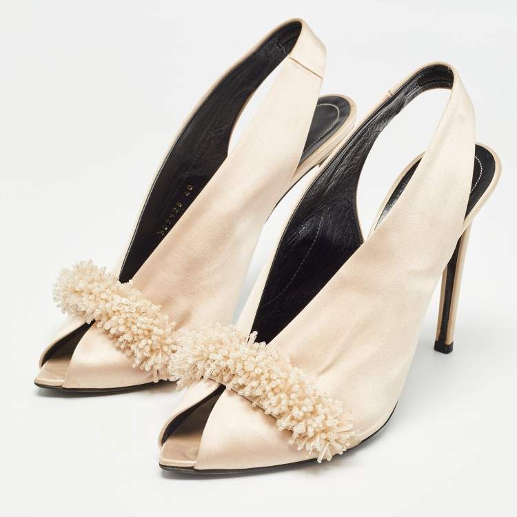 Pre Owned Balenciaga Beige Satin Embellished Slingback Pumps Size 40    