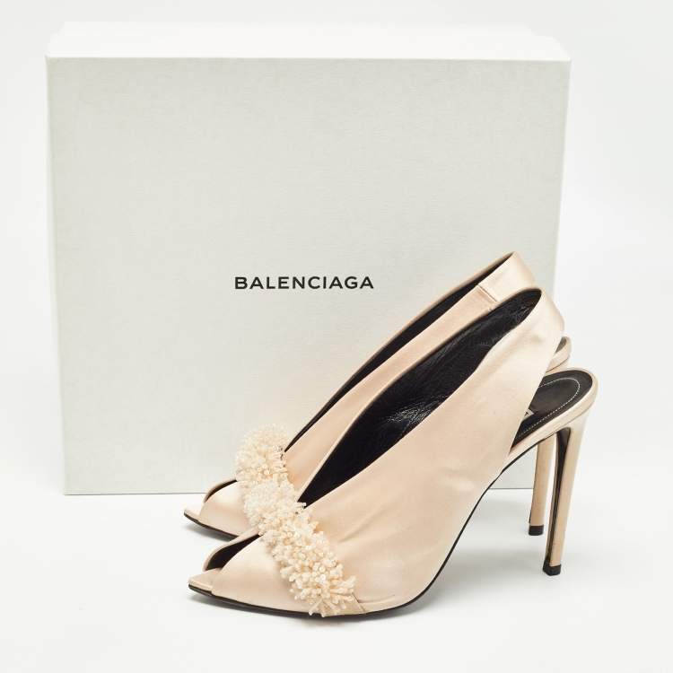 Pre Owned Balenciaga Beige Satin Embellished Slingback Pumps Size 40    