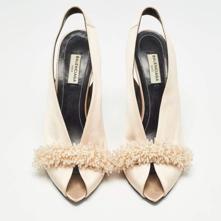 Pre Owned Balenciaga Beige Satin Embellished Slingback Pumps Size 40    