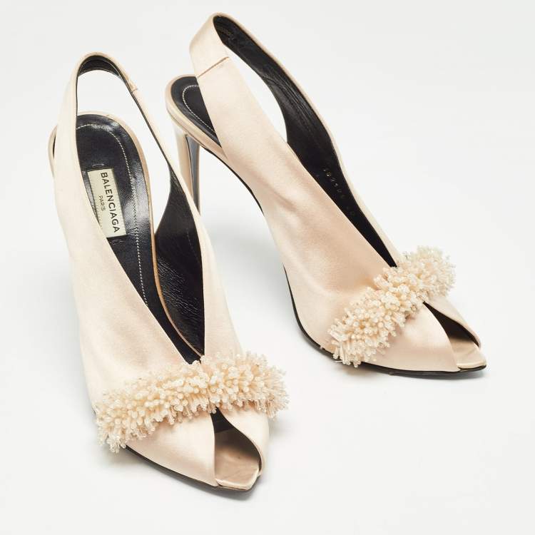 Pre Owned Balenciaga Beige Satin Embellished Slingback Pumps Size 40    