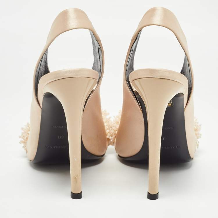 Pre Owned Balenciaga Beige Satin Embellished Slingback Pumps Size 40    