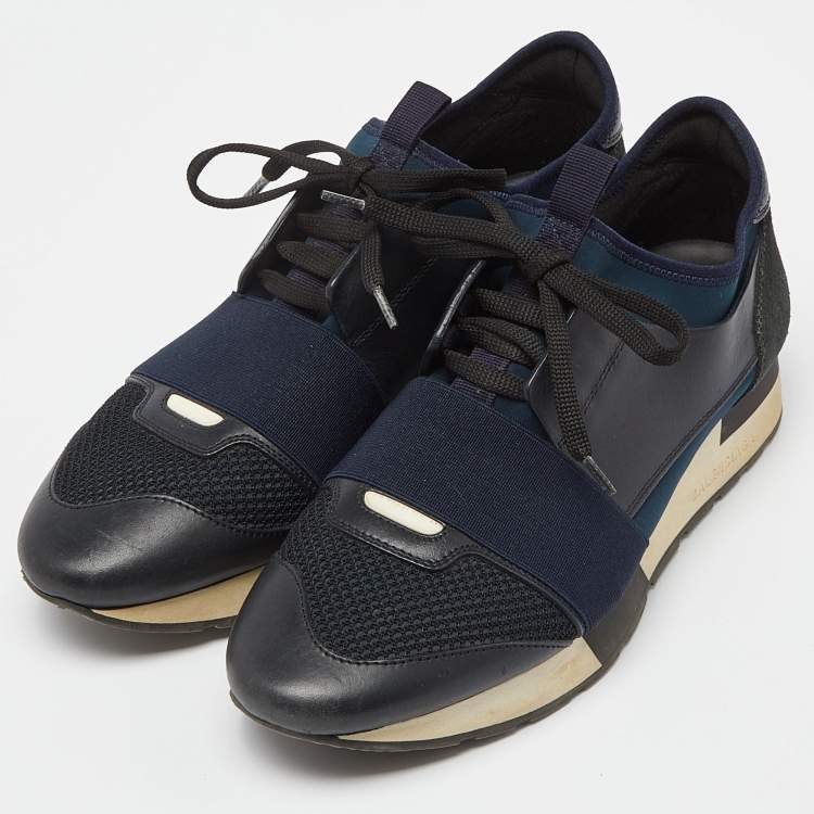 Pre Owned Balenciaga Blue Leather And Stretch Fabric Race Runner Low Top Sneakers Size 39