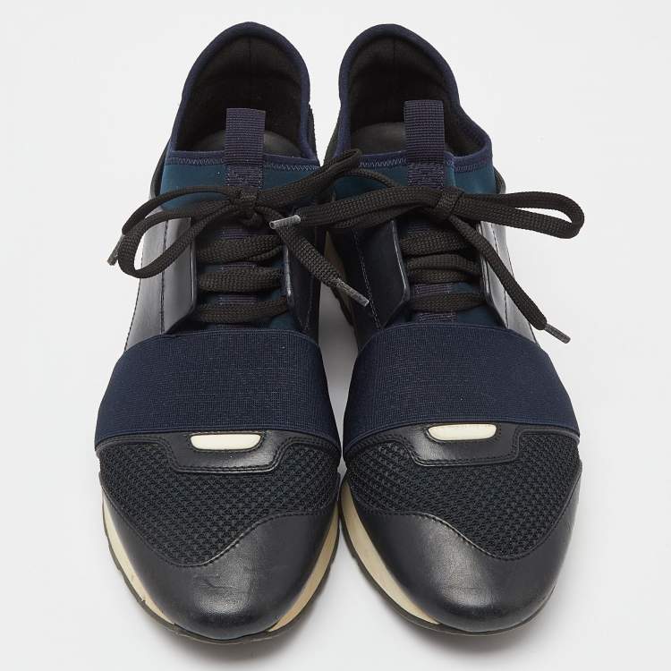 Pre Owned Balenciaga Blue Leather And Stretch Fabric Race Runner Low Top Sneakers Size 39