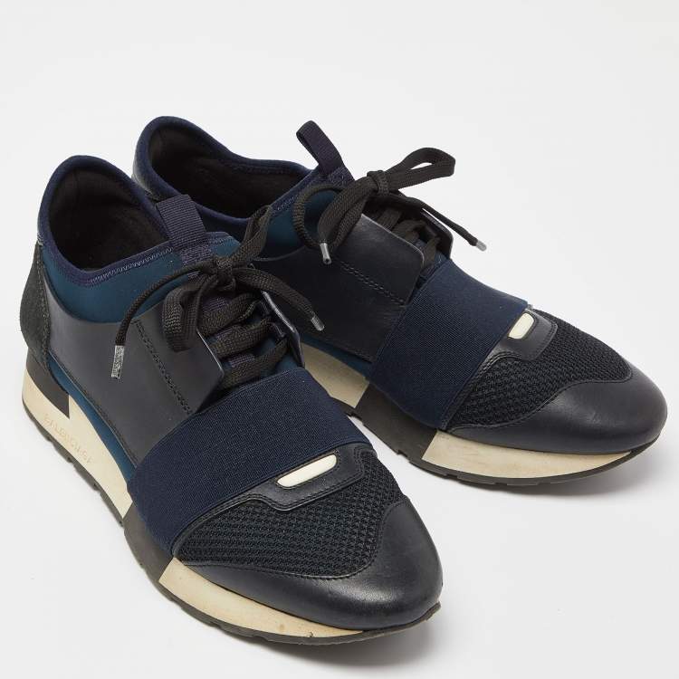 Pre Owned Balenciaga Blue Leather And Stretch Fabric Race Runner Low Top Sneakers Size 39