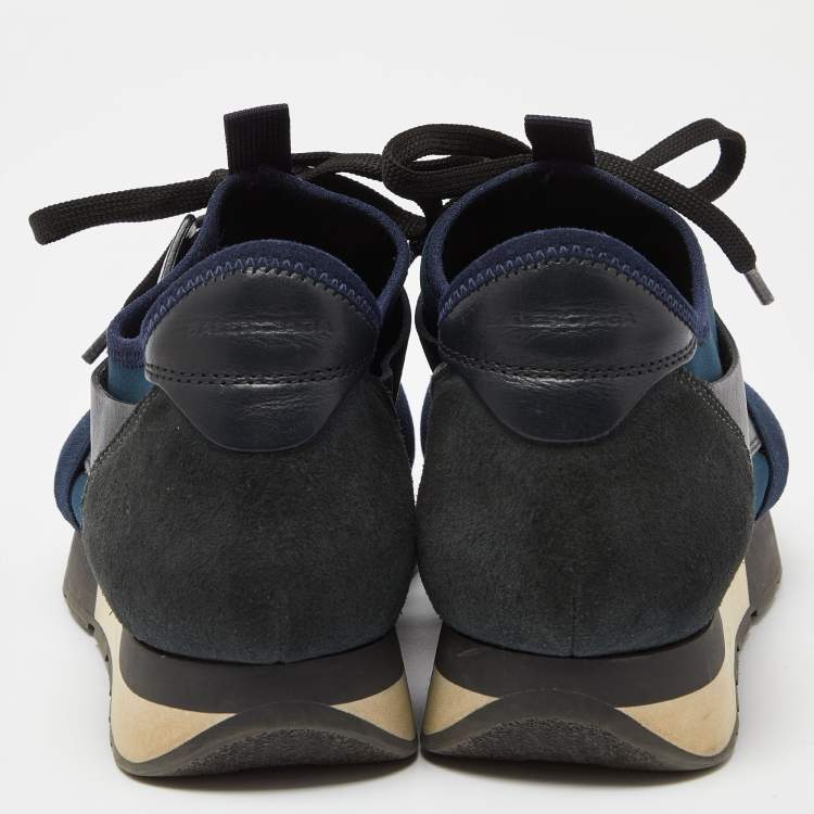 Pre Owned Balenciaga Blue Leather And Stretch Fabric Race Runner Low Top Sneakers Size 39