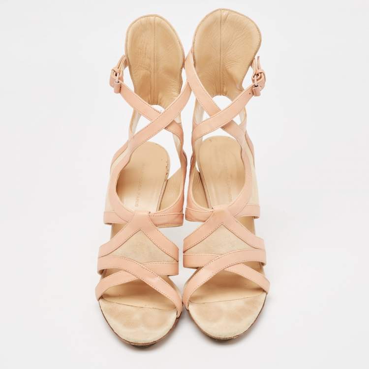 Pre Owned Balenciaga Beige Leather and Suede Ankle Strap Sandals Size 38    