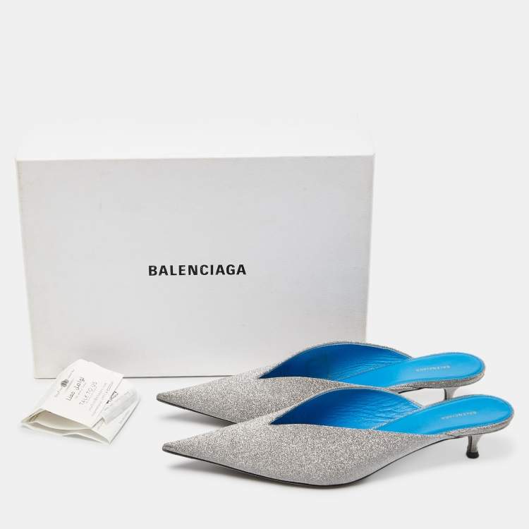 Pre Owned Balenciaga Silver Glitter Knife Pointed Toe Mules Size 40