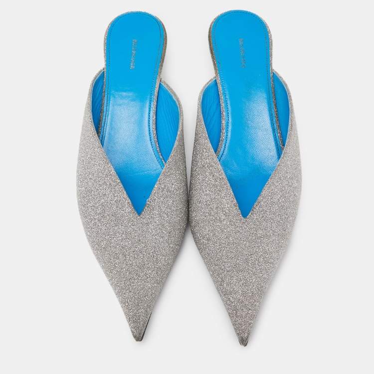 Pre Owned Balenciaga Silver Glitter Knife Pointed Toe Mules Size 40