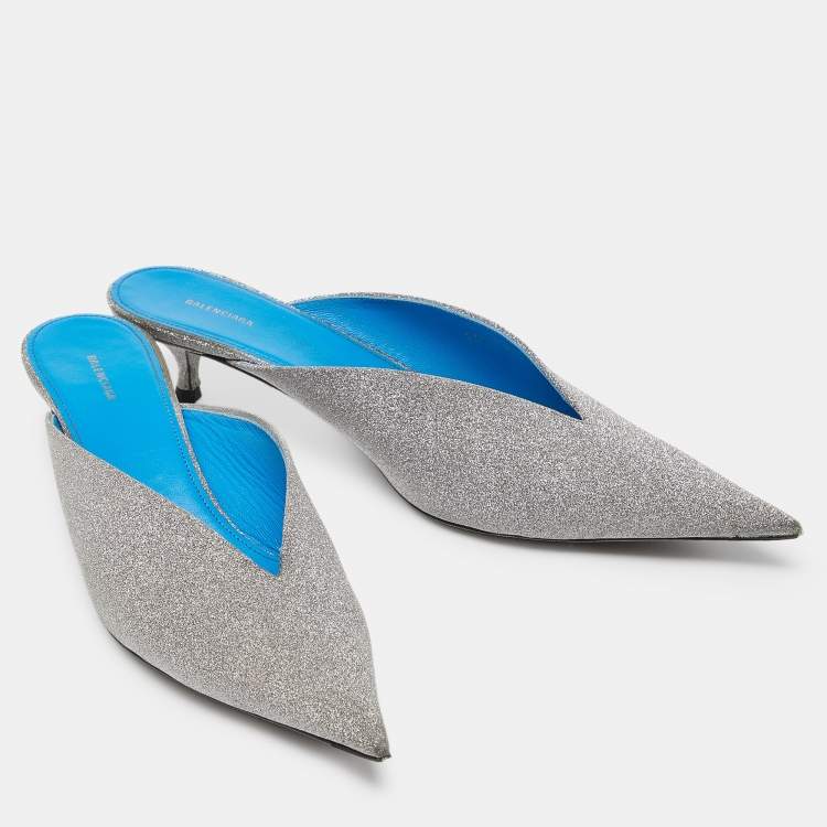 Pre Owned Balenciaga Silver Glitter Knife Pointed Toe Mules Size 40