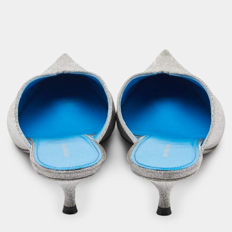 Pre Owned Balenciaga Silver Glitter Knife Pointed Toe Mules Size 40