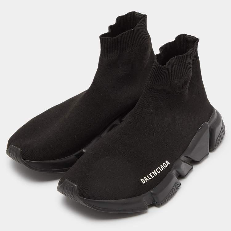 Pre Owned Balenciaga Black Knit Fabric Speed Trainer High Top Sneakers Size 40