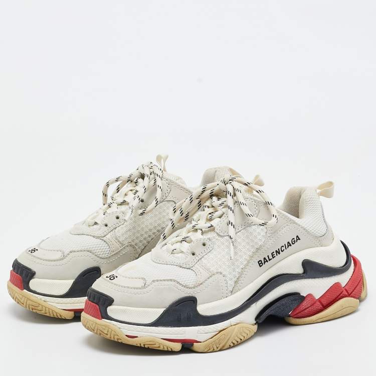 Pre Owned Balenciaga White/Grey Mesh and Nubuck Leather Triple S Sneakers Size 36