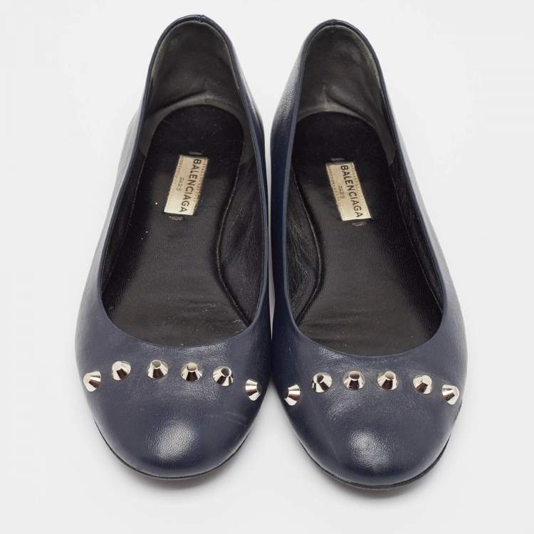 Pre Owned Balenciaga Navy Blue Leather Ballet Flats Size 38