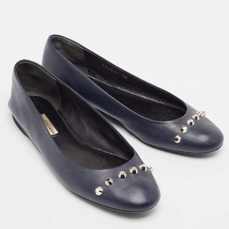 Pre Owned Balenciaga Navy Blue Leather Ballet Flats Size 38