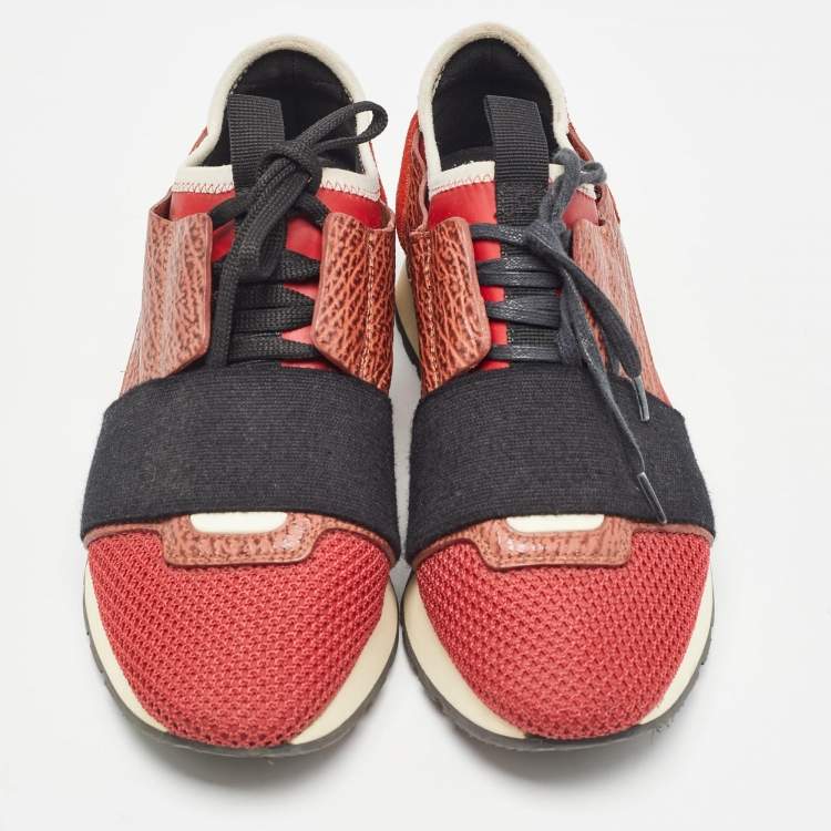 Pre Owned Balenciaga Orange Suede and Leather Race Runner Sneakers Size 35