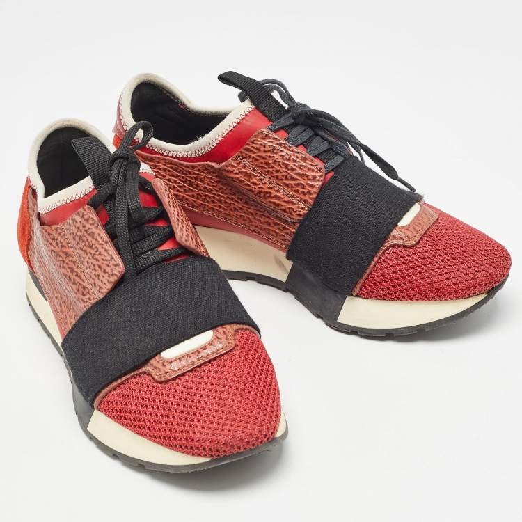 Pre Owned Balenciaga Orange Suede and Leather Race Runner Sneakers Size 35