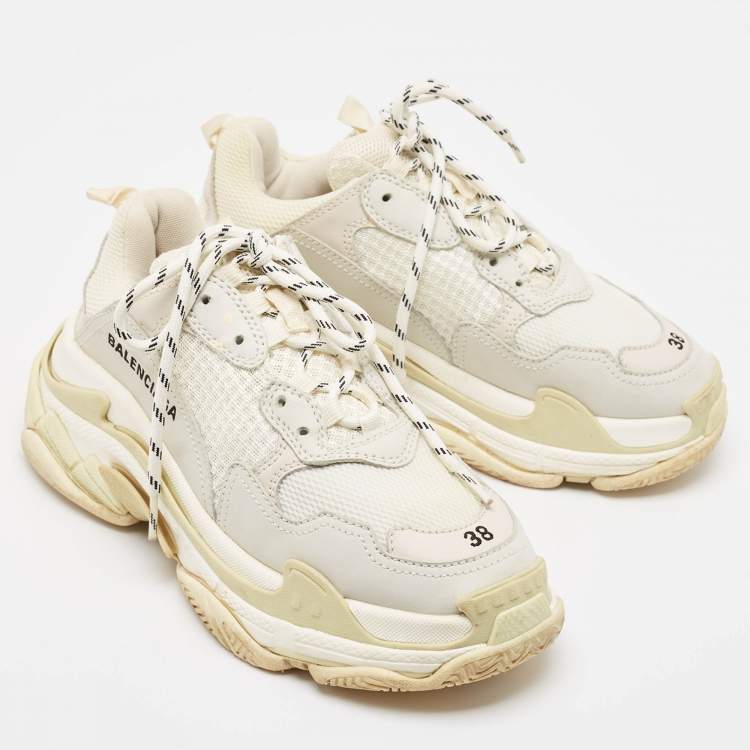 Pre Owned Balenciaga White Leather and Mesh Triple S Low Top Sneakers Size 38