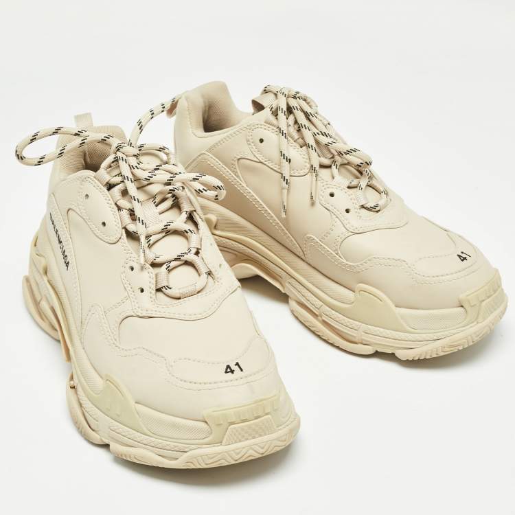 Pre Owned Balenciaga Cream Faux Leather Triple S Sneakers Size 41 