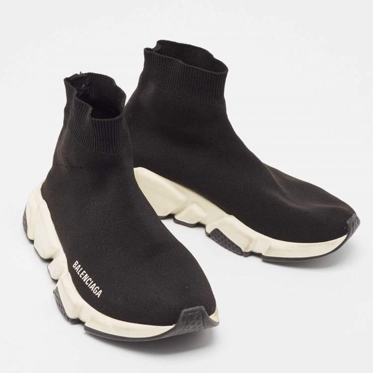 مملوكة مسبقًا Balenciaga Black Knit Fabric Speed Trainer High Top Sneakers Size 38