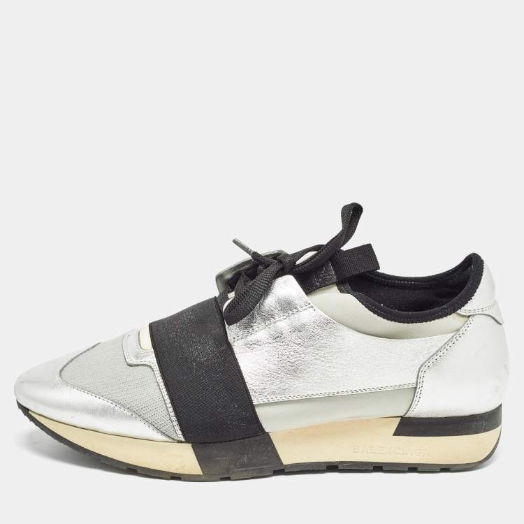 Pre Owned Balenciaga Silver/Grey Leather and Knit Fabric Race Runner Sneakers Size 40