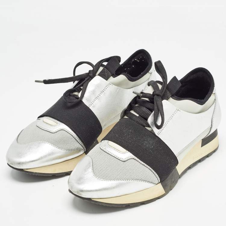Pre Owned Balenciaga Silver/Grey Leather and Knit Fabric Race Runner Sneakers Size 40