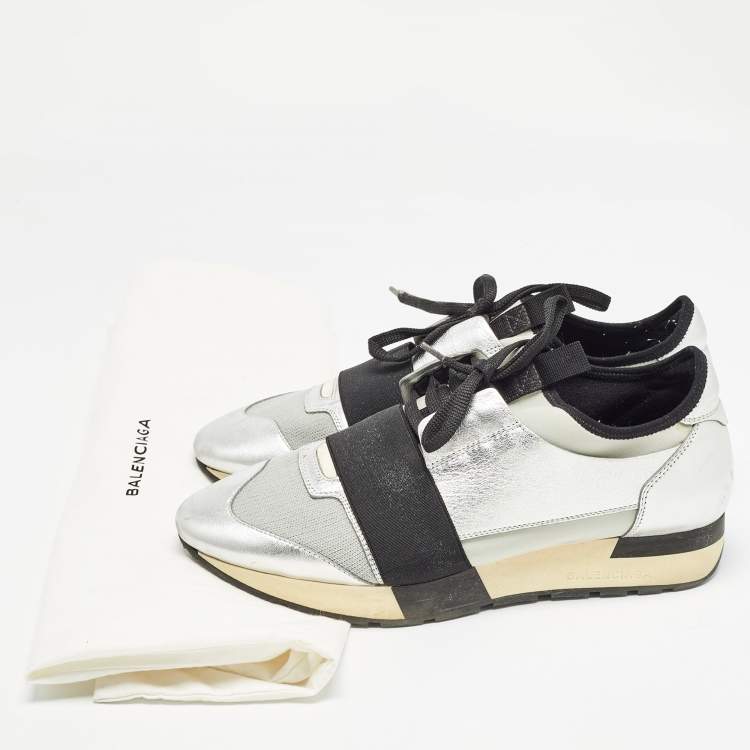 Pre Owned Balenciaga Silver/Grey Leather and Knit Fabric Race Runner Sneakers Size 40