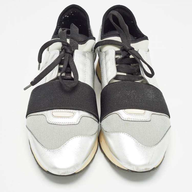 Pre Owned Balenciaga Silver/Grey Leather and Knit Fabric Race Runner Sneakers Size 40
