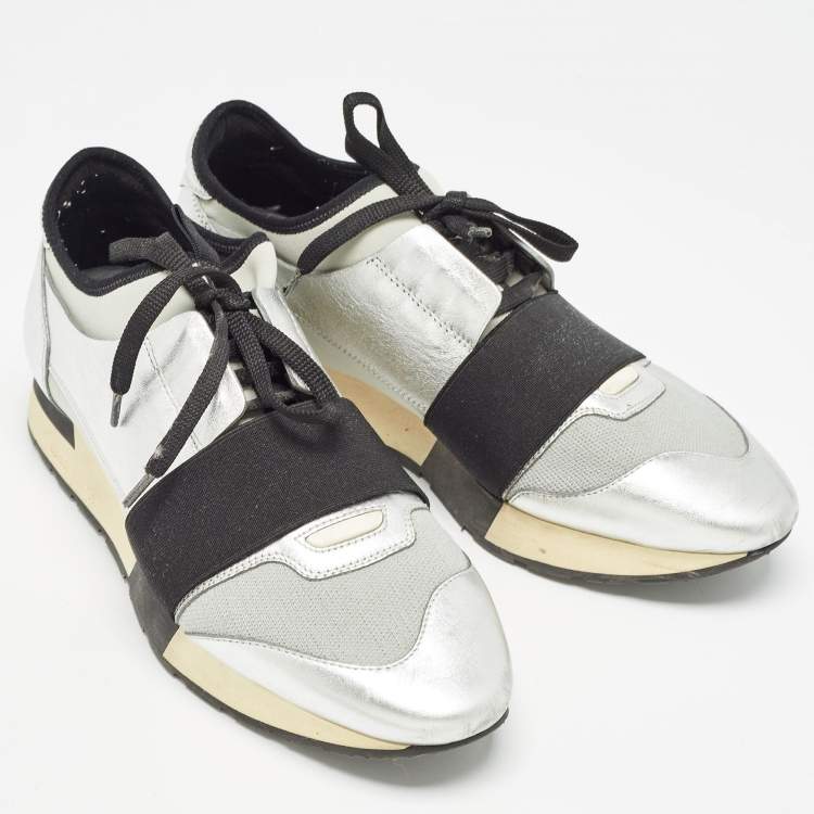 Pre Owned Balenciaga Silver/Grey Leather and Knit Fabric Race Runner Sneakers Size 40