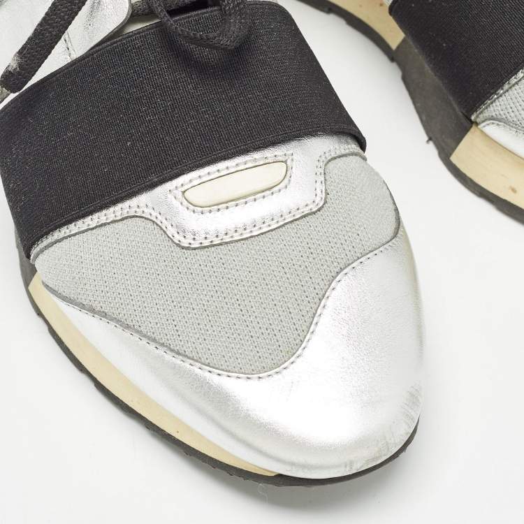 Pre Owned Balenciaga Silver/Grey Leather and Knit Fabric Race Runner Sneakers Size 40