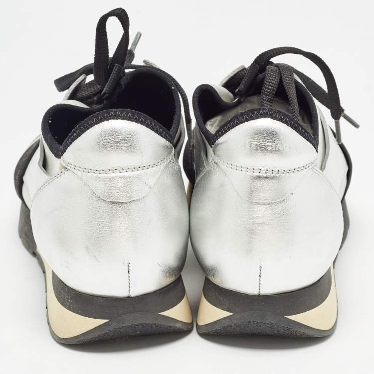 Pre Owned Balenciaga Silver/Grey Leather and Knit Fabric Race Runner Sneakers Size 40